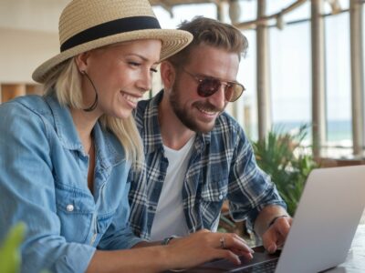 un couple de touristes qui consultent des sites pour acheter des billets d'avion pour Madagascar